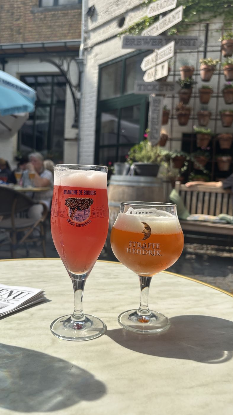 Two beers on a table in the brewery courtyard