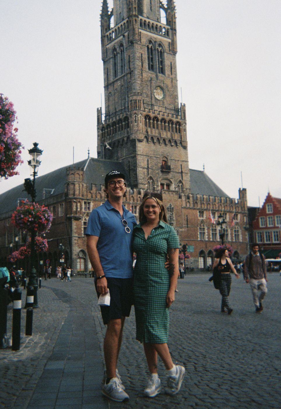 JP and me on the Markt with the belfry behind us, on film