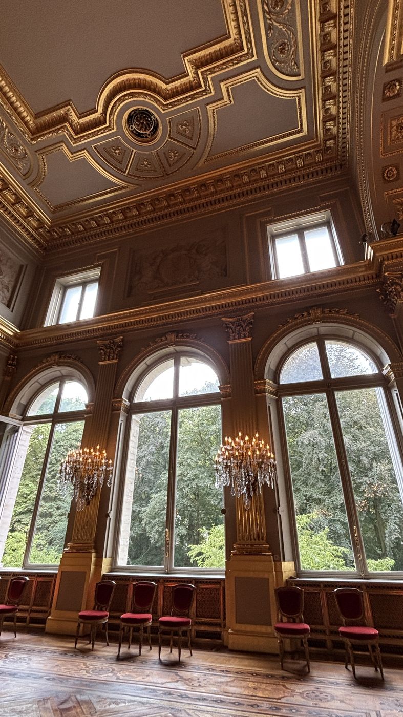 A gilded hall with tall arched windows and chandeliers