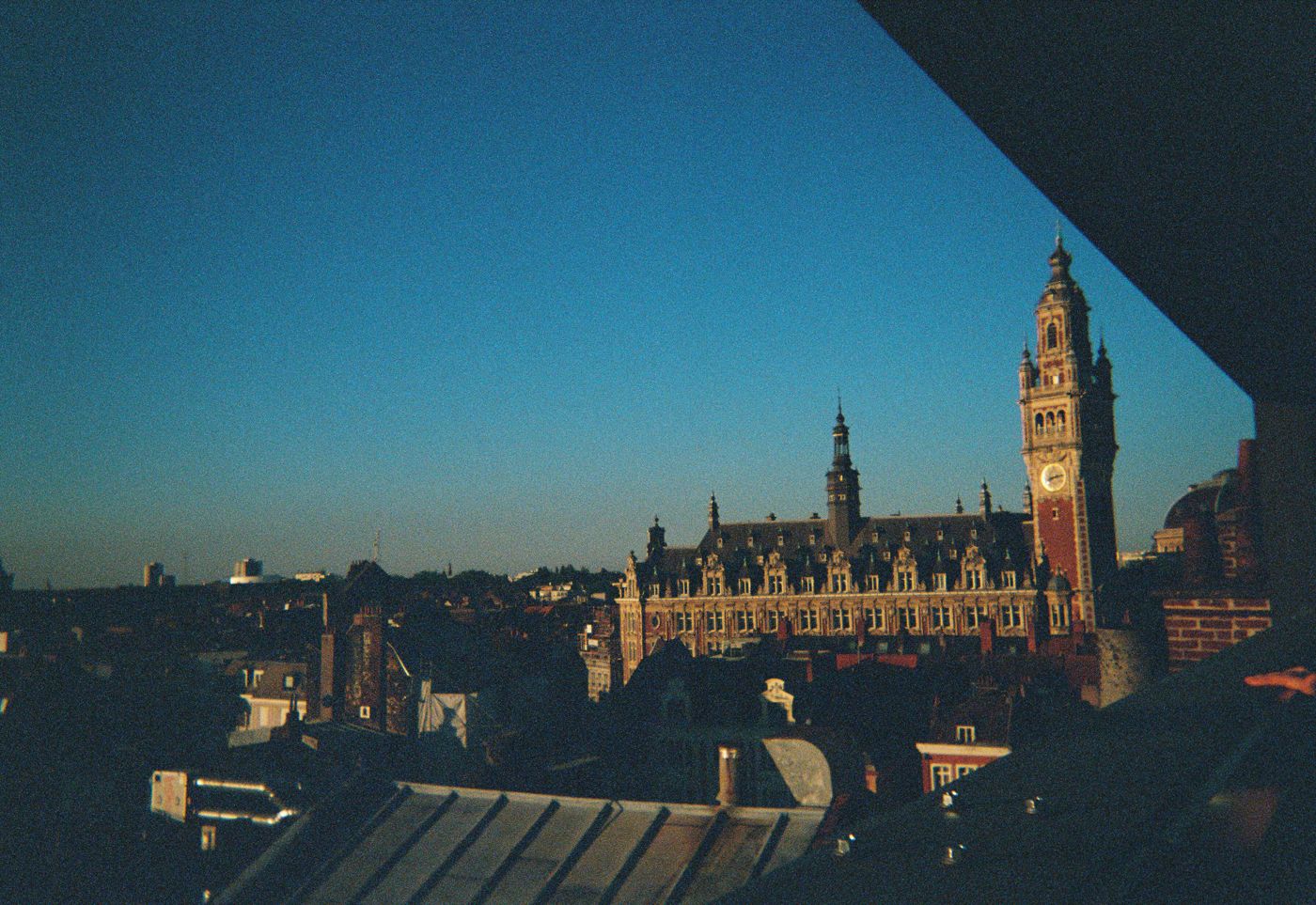 The belfry and rooftops from the Grand Hotel Bellevue roof, on film